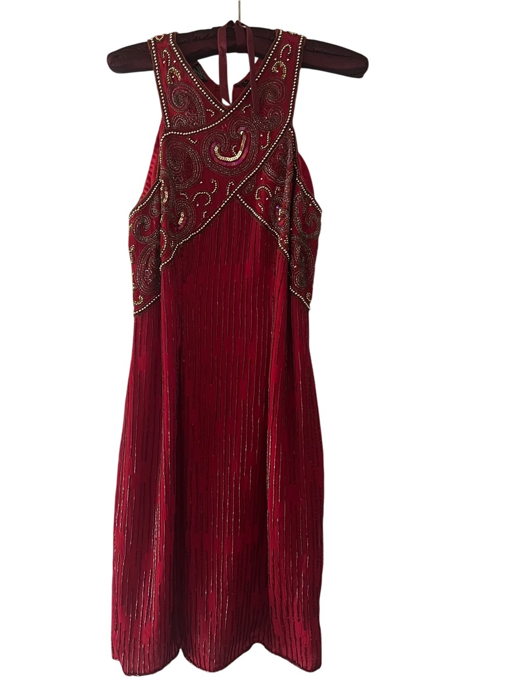 Beaded Halter Evening Dress - Red